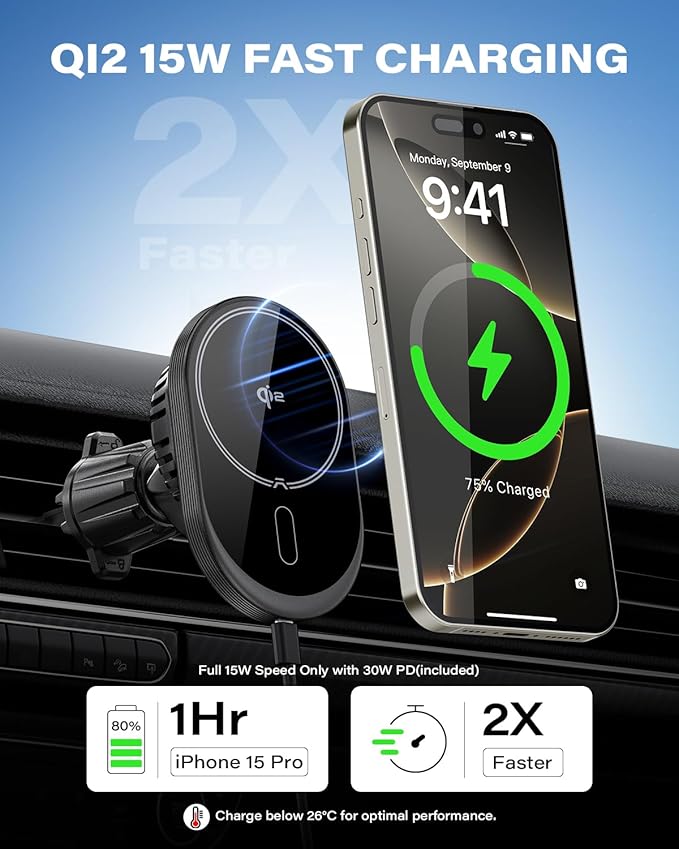 A2C for MagSafe Car Mount Charger, QI2 15W Wireless Car Charger with Semiconductor Cooler, Magnetic Car Charger for iPhone 17 16 15 14 13 12, Dash+Windshield+Vent Mount, PD 30W Adaptor Included
