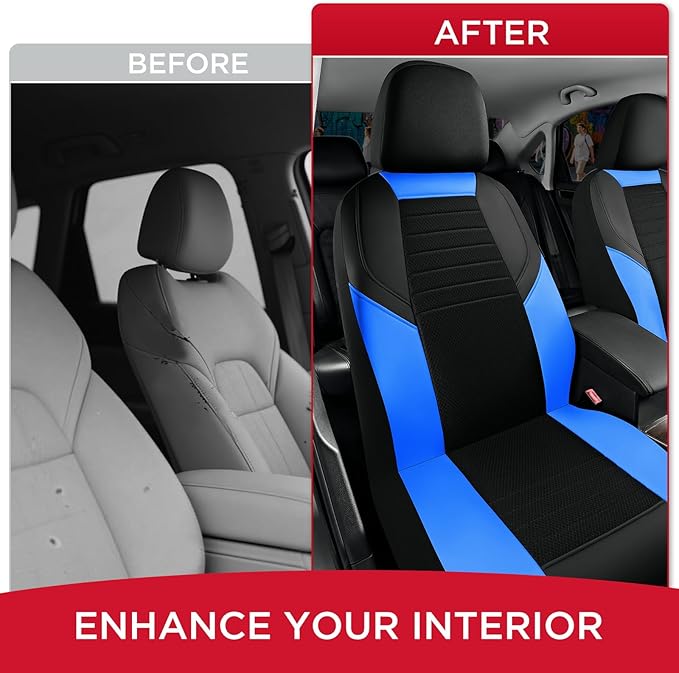 Rubbermaid Car Seat Cover, Leather & Air-Cool Mesh Front Seat Cover, Airbag Compatible, Slip-On Installation, Automotive Seat Cover Universal Fit for Most Cars, Trucks, SUVs-Blue