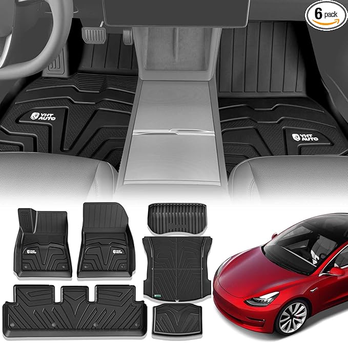 YHTAUTO for Tesla Model 3 Floor Mats 2020 2019 2018 2017 (Before June 2020), All Weather TPE Car Mats, Front Rear Trunk Mat Cargo Liner Storage Mat, Anti-Slip Waterproof Odorless