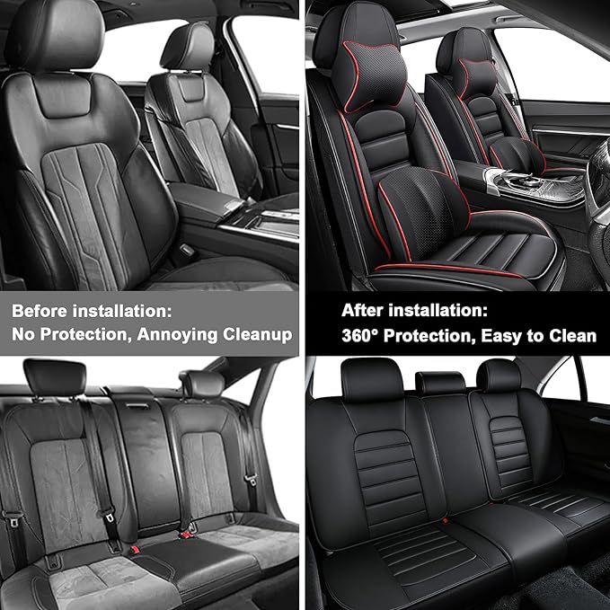 5 Car Seat Covers for Toyota RAV4 2000-2026 Breathable Leather,Waterproof Cars Seat Protectors with Comfort Headrest Pillows,Automotive Vehicle Cushion with Storage Pockets (Luxury,Redline)
