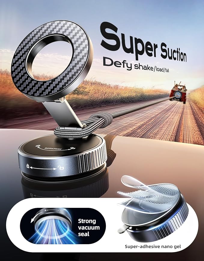 2026 Upgraded Vacuum Magnetic Phone Holder for Car [89LB Vacuum Suction+2400GF Strong Magnetic] 360° Adjustable Car Phone Holder for MagSafe, Dashboard Suction Cup Phone Mount for iPhone 17/16