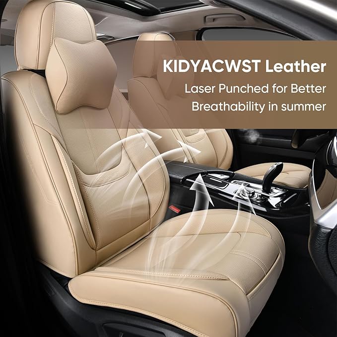Auto Car Seat Covers Accessories Front Seat Leather Cushion Protector Breathable Waterproof Seat Cover for Cars Universal Fit (Beige, Front Pair)