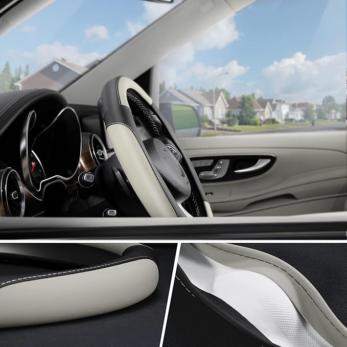 SEG Direct Car Steering Wheel Cover for Medium Standard Size Steering Wheels with 14 1/2-15 inches Outer Diameter, Black and Gray Microfiber Leather