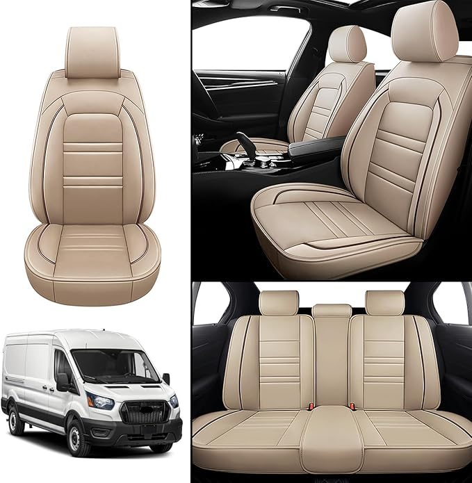 Seat Covers for Ford Transit 2014-2024 | 5-Seats Leather Seat Covers, Easy to Install Automotive Seat Covers Full Set (Full Set, Beige)