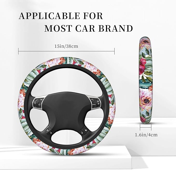 Watercolor Cactus Car Steering Wheel Cover, Flowers Roses Non-Slip Absorbing Sweat Car Wheel Cover Accessories for Men Women,Universal 15" Fit Auto SUV Vans Trucks