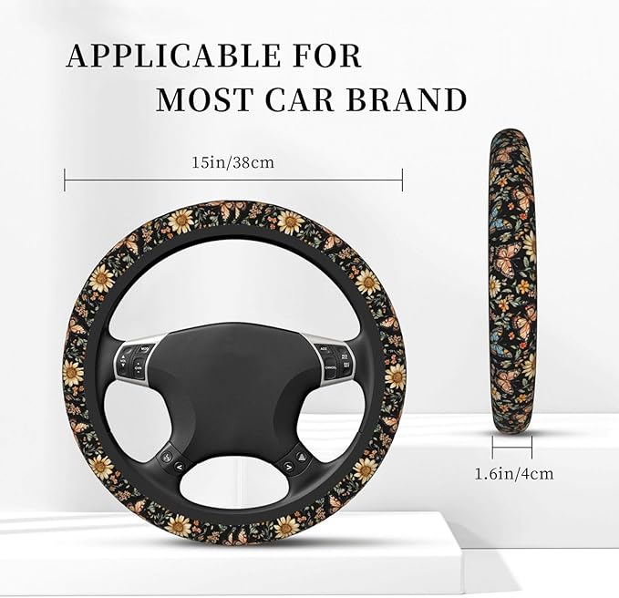 Flowers Colorful Butterflies Steering Wheel Cover for Women Girls, 15 Inches Anti-Slip Steering Wheel Cover for Auto Truck SUV
