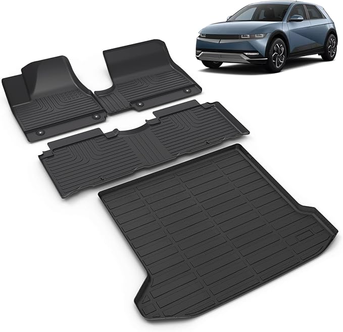 All Weather Car Floor Mats & Cargo Liner Set Fit for Hyundai Ioniq 5 Fixed Console 2022-2024 (Non-Sliding Center Console) Floor Liners Trunk Liner Ioniq 5 Cargo Mat Accessories Black