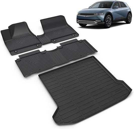 All Weather Car Floor Mats & Cargo Liner Set Fit for Hyundai Ioniq 5 Fixed Console 2022-2024 (Non-Sliding Center Console) Floor Liners Trunk Liner Ioniq 5 Cargo Mat Accessories Black