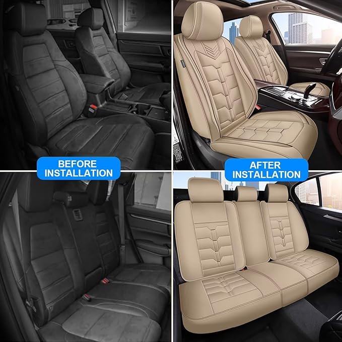 Seat Covers Fit for Chevrolet Chevy Bolt 2017-2025 Full Set Car Seat Cover Faux Leather Seat Cushion Waterproof Auto Protectors(Beige)-2 Rows 5 Seats