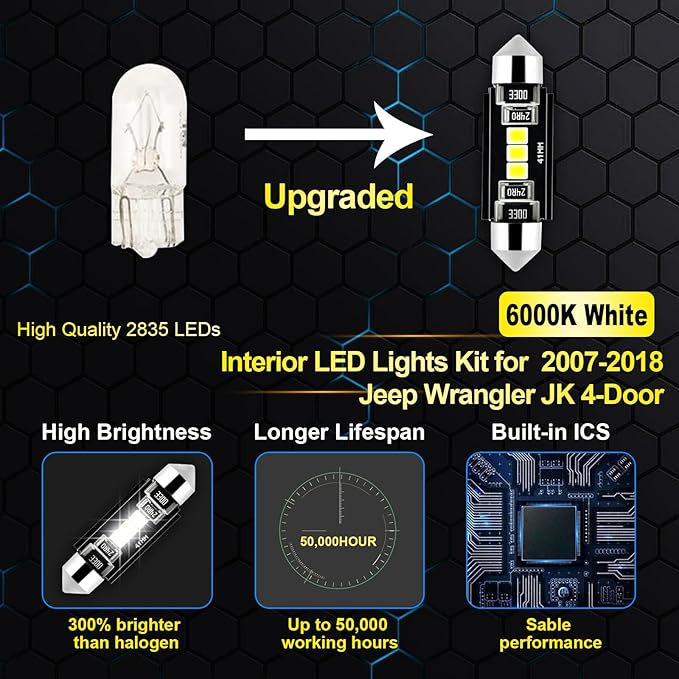 EASY EAGLE LED Interior Car Lights for Wrangler-JK-4-door-2007-2018: 6 Piece Kit White LED Light Bulbs - Super Bright 6000K + Install Tool