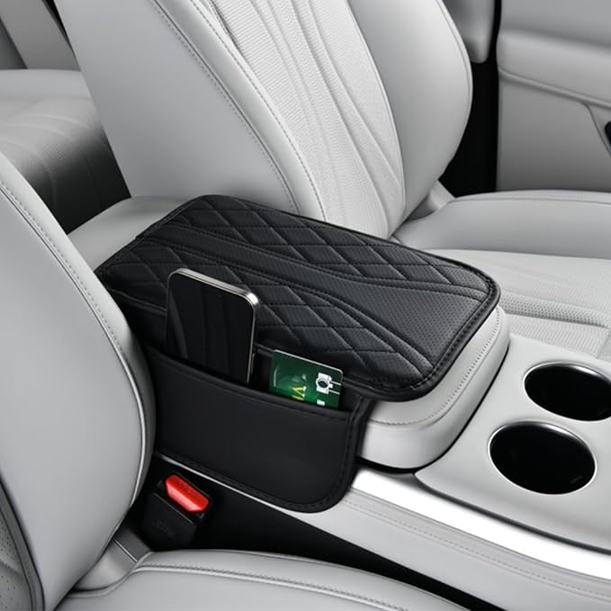 Upgraded Car Center Console Cover Microfiber Leather Armrest Cover Cushion with 2 Storage Bags&Universal Car Armrest Storage Box Universal Car Interior Accessory (2 Pockets, Black)