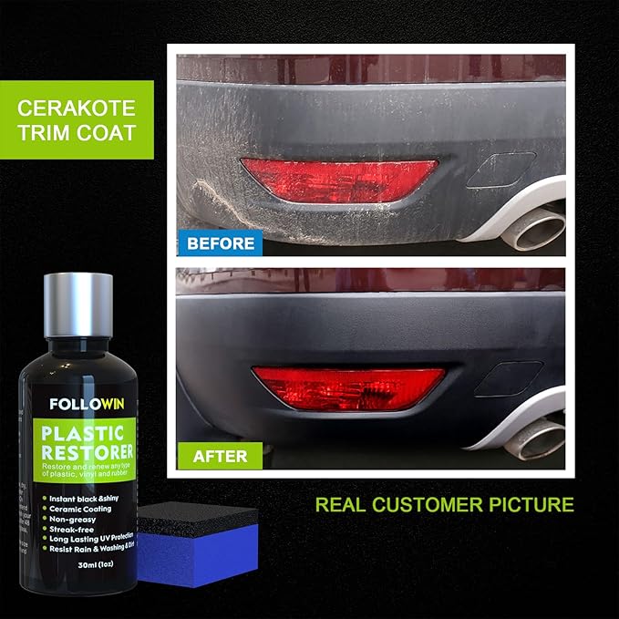 FOLLOWIN Plastic Restorer for Cars - Black Trim Restorer & Ceramic Coating, Resists Water, UV Rays, Dirt, Not a Dressing, Hydrophobic Protection, Highly Concentrated Formula,30ml