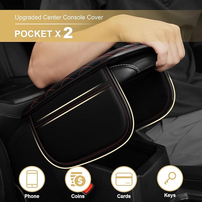 Car Armrest Cover Fit for Acura TSX Leather Center Console Cover Cushion with 2 Storage Bags(Black&Redline)