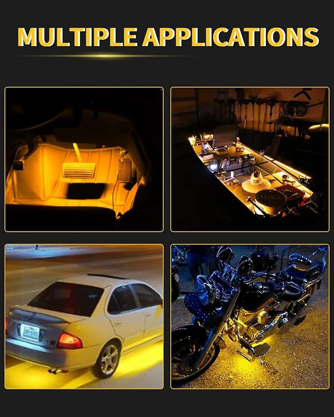 YM E-Bright Car Led Strip Lights for Golf Cart Underglow Motorcycles Marine Boat Kayak Interior Exterior 36SMD Waterproof IP68 Upgrade Solid Silicone 12V 12inch Yellow (Pack of 4)