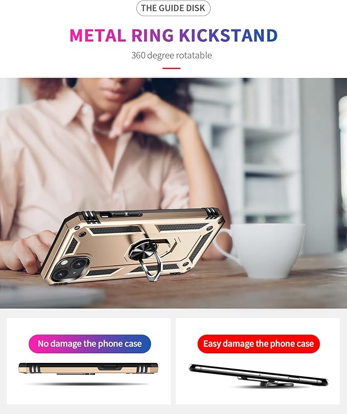 IKAZZ for iPhone 14 Plus Case 6.7 Inch with Screen Protector,Military Grade Shockproof Heavy Duty Protective Phone Cover Pass 16ft Drop Test with Magnetic Kickstand Car Mount Holder,Gold