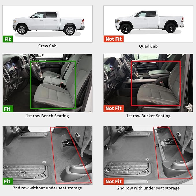 LASFIT Floor Mats for Ram 1500 Crew Cab 2019-2024 Bench Seat (NOT for Bucket Seat) with Rear Under-Seat Factory Storage 4 Full Size Doors, All Weather TPE Custom Fit 1st & 2nd Row, Black