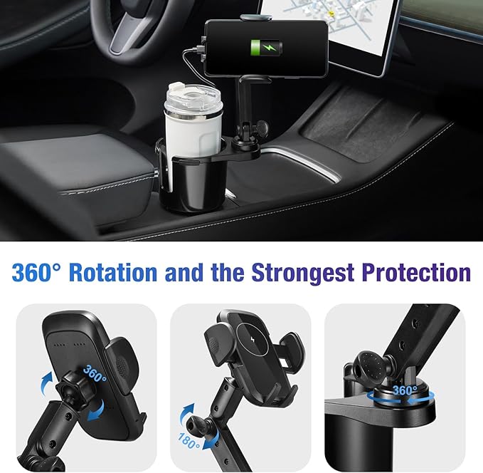 This Hill Cup Holder Phone Charger, 15W Fast Charging Auto Clamping, Phone Holder for Cup Holder Charger with Adjustable Base & 360° Rotation Compatible for All Smartphones(with Car Adapter)