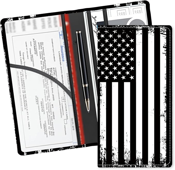Leather Car Registration and Insurance Card Holder, Cute Car Accessories Vehicle Glove Box Car Organizer for Documents, Cards, License Retro American Flag