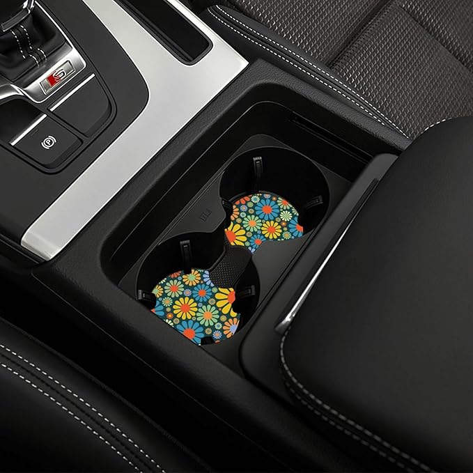 Vintage Groovy Boho Floral Car Steering Wheel Cover for Women Men with 2 Pcs Car Coasters,Universal 15 Inch Steering Wheel Covers Anti-Slip and Practical Auto Accessories Fit Auto,Suvs