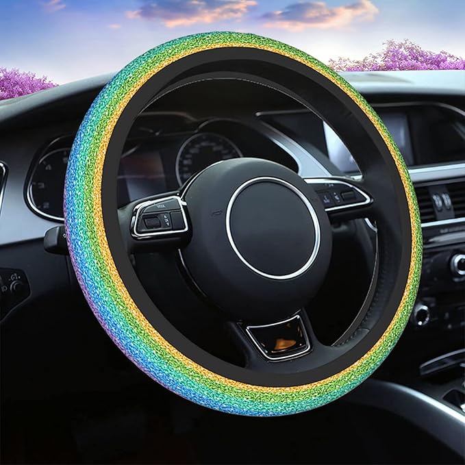 Swono Steering Wheel Covers Rainbow Glitter Shining Colorful Rainbow Gradient Sparkle Glitter Non Slip Neoprene Car Wrap Cover Comfort Grip Stretch-On Automotive Steering Wheel Protector 15 Inch
