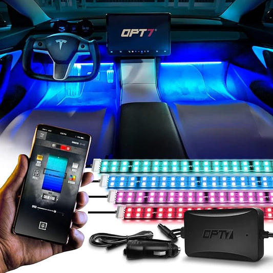 OPT7 Aura Pro 4PC Double LED Interior Car Strip Lights with APP & Remote Control, Multicolor Mode, Sound Active Neon Accent Lighting Kit, Footwell Floor Inside Decor Accessories, 12V Charger Adapter