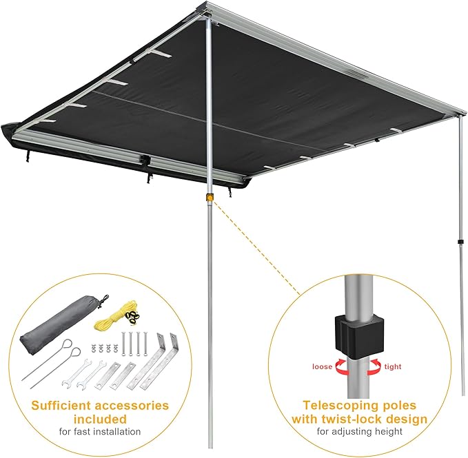 Yescom Ripstop Vehicle Awning 8.2x8.2' Retractable Car Side Roof Rack Overlanding Shade for RV SUV Truck Tailgate Outdoor Camping Travel Gray