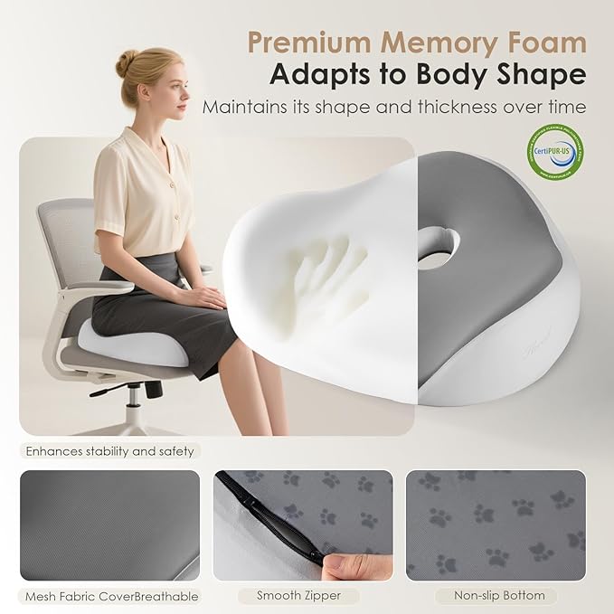 FLORICH Seat Cushion, Memory Foam Seat Cushion for Car Office Chair, Ergonomic Office Seat Chair Cushion for Sciatica Pain Relief, Larger Seat Cushion for for Long Sitting Office Workers - Grey