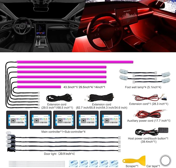 Acrylic Interior Car LED Strip Light with Wireless APP, RGB 14 in 1 with 175 inches 600 LEDs Fiber Optic Car Ambient Lighting Kits, 16 Million Colors Sound Active Function LED Strip for Car