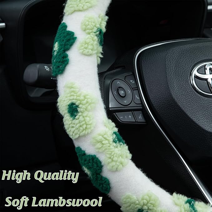 Green Plush Flowers Steering Wheel Cover Auto Jacquard Steering Wheel Protector, Anti-Slip, Breathable, Absorbing Sweat, Universal Car Accessories 14.5–15 inch,Fit for Most Car, Trucks, SUV