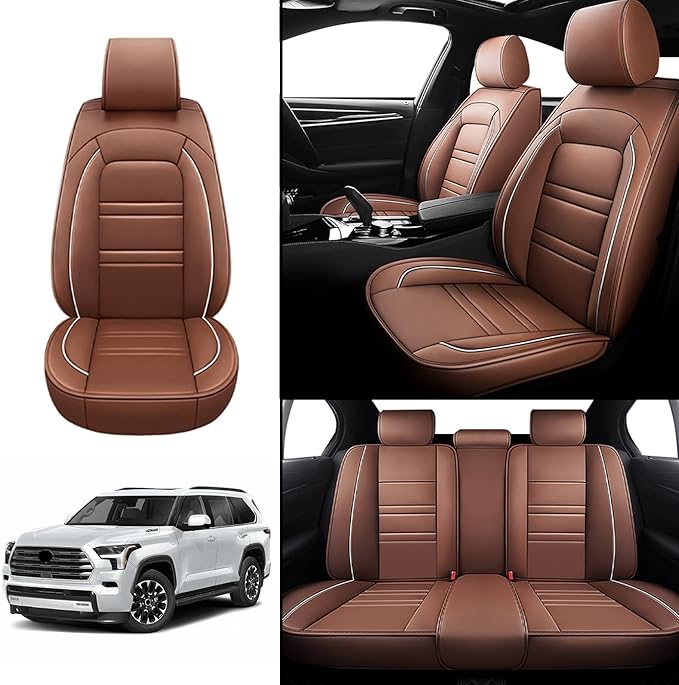 Seat Covers for Toyota Sequoia 2008-2025 | 5-Seats Leather Seat Covers, Easy to Install Automotive Seat Covers Full Set (Full Set, Coffee)
