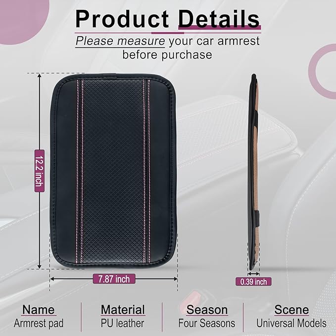 Amiss Car Center Console Pad, Universal Waterproof Car Armrest Seat Box Cover, PU Leather Auto Armrest Cover Protector，Vehicle Interior Accessories fits SUV/Truck/Car (Black-Pink)
