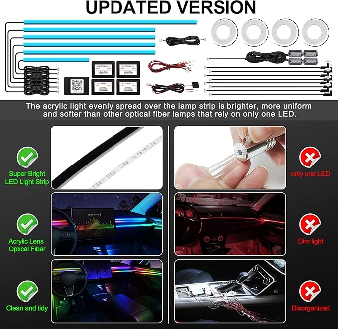 Acrylic Interior Car LED Strip Light with Wireless APP, RGB 22 in 1 with 175 inches 593 LEDs Fiber Optic Ambient Lighting Kits, 16 Million Colors Sound Active Function Car Neon Lights
