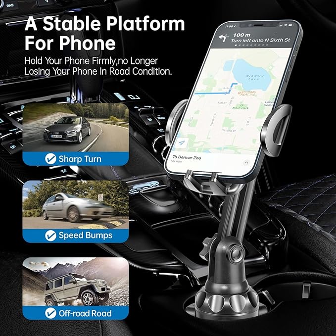 TOPGO Cup Phone Holder for Car, [No Shaking & Stable & Adjustable Pole] Car Cup Phone Mount, Compatible with iPhone 17 and All 4.0-7.0 inches Smartphones - Black