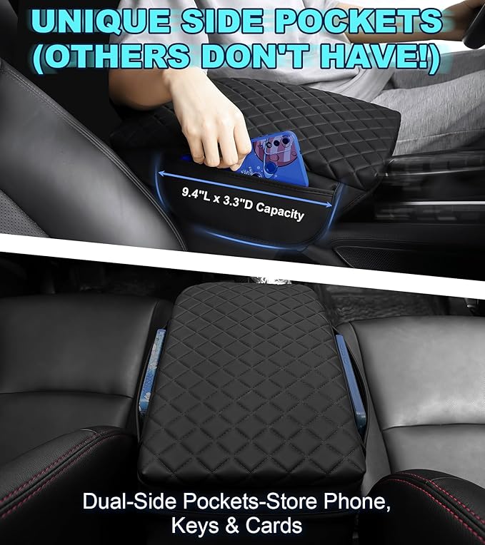 Armrest Cover for Ford Explorer Center Console Pad with Organizer Storage Pockets, Black Faux Leather Arm Rest Lid Protector Cushion Interior Accessories (2020-2025)