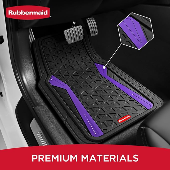 Rubbermaid Car Floor Mats Full Set,Premium Heavy Duty All-Weather Car Mats– Rugged Rubber with Brushed Aluminum Inserts, Universal Trim-to-Fit, Anti-Slip Backing for Cars, SUVs, Trucks & Vans - Purple