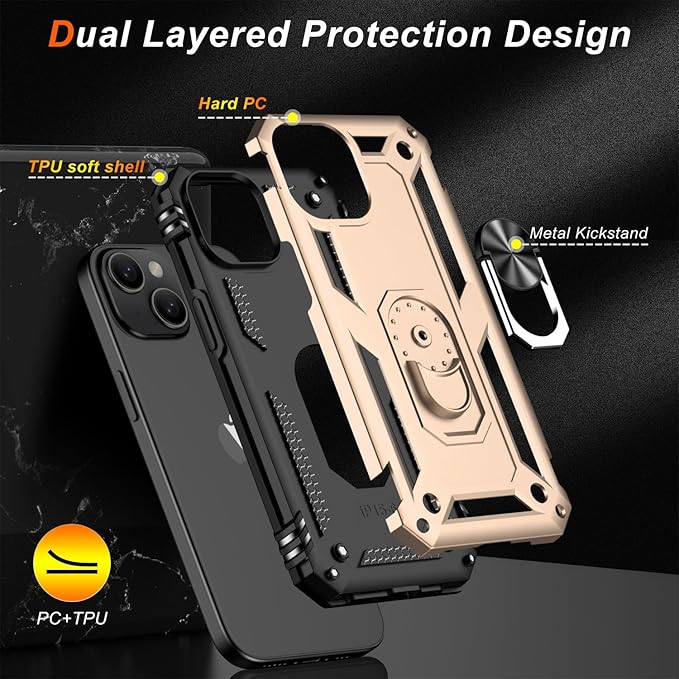 IKAZZ for iPhone 15 Case 6.1 Inch with Screen Protector,Military Grade Shockproof Heavy Duty Protective Phone Cover Pass 16ft Drop Test with Magnetic Kickstand Car Mount Holder,Gold