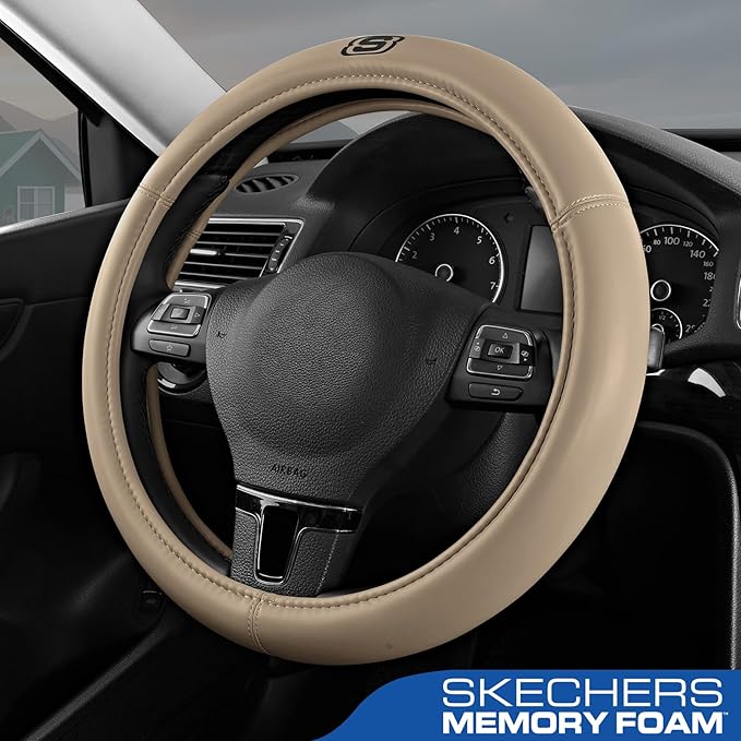Skechers Memory Foam Steering Wheel Cover,Grade Protein Leather Steering Wheel Cover,Universal Fit 14" 1/2-15" Car Steering Wheel for Men Women Fit Suvs,Vans,Sedans,Car,Trucks,Beige