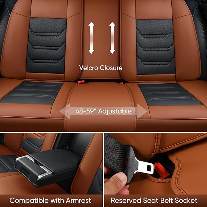 Leather Car Seat Covers Full Set with Lumbar Support, Waterproof Car Seat Cover, Universal Seat Covers for Cars, Trucks, SUVs, Sedans, Airbag Compatible, Front Pair and Rear, Brown&Black