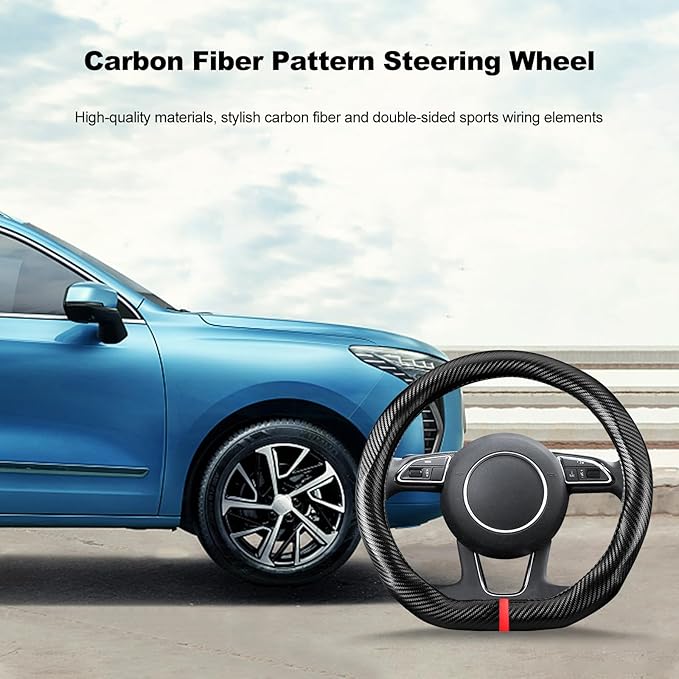 Ergocar Carbon Fiber Material Steering Wheel Cover Anti-Slip Breathable Sweat Absorbent Fashionable Sport Steering Wheel Sleeve for D-Shaped Diameter 15"（37.5-38cm）-Black Stripe