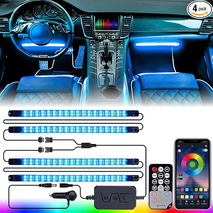 Xprite Upgraded 144LED RGB Interior Car Lights with Smart App Control/Wireless Remote Control, Music Sync Mode, DIY Mode and Multiple Scene Options, Universal for Cars Truck ATV UTV(4pcs)