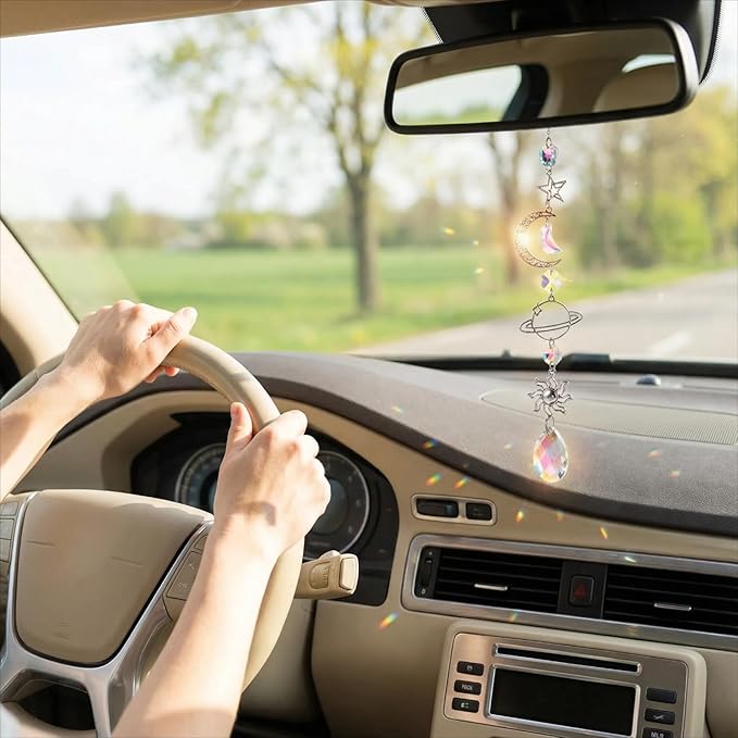 Colorful Crystal car Mirror Hanging Accessories，Car Charm，Rear View Mirror Hanging Decors， Gifts for Women (Moon-A)