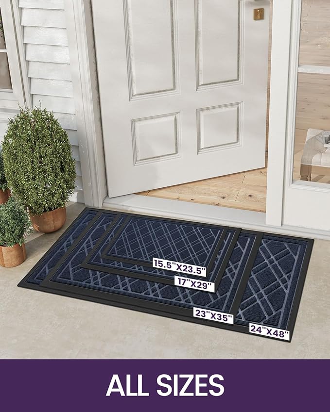 DEXI Front Door Mat Outside Entrance, All-Season Heavy Duty Rubber Doormat, Fade Resistant, Low-Profile, Easy Clean Patio Entryway, 23x35, Weave Blue