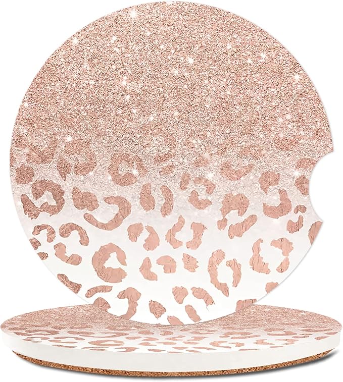 Trendy Rose Gold Glitter Leopard Absorbent Cup Holders Car Coasters,Ceramic Stone Drinks Coaster Set for Women Man 2.56"(2 Pack)