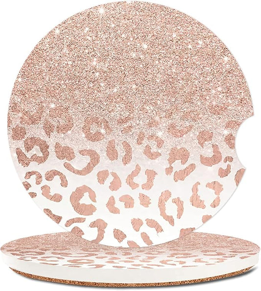 Trendy Rose Gold Glitter Leopard Absorbent Cup Holders Car Coasters,Ceramic Stone Drinks Coaster Set for Women Man 2.56"(2 Pack)