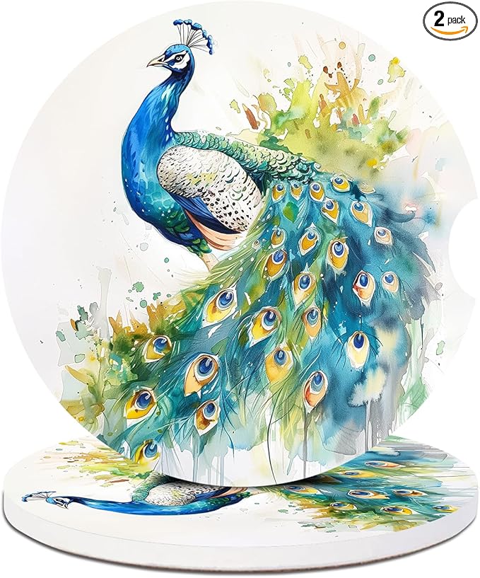 2 Pack Car Cup Holder Coaster-Peacocks Watercolor Absorbent Ceramic Coaster, Car Coasters for Cup Holders,Auto Accessories for Women & Men