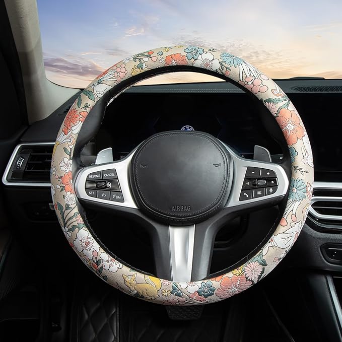 White Rabbit Mushroom Steering Wheel Cover Auto Jacquard Steering Wheel Protector, Anti-Slip, Breathable, Absorbing Sweat, Universal Mushroom Car Accessories 14.5–15 inch,Fit for Most Car, Trucks, SUV