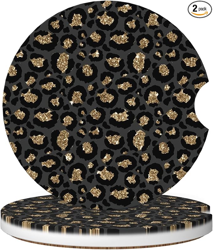 Absorbent Car Coasters for Cup Holders, 2 Pack Universal Anti Slip Ceramic Cup Coaster for Women Men 2.56 Inch Car Interior Accessories - Black Gold Leopard 003