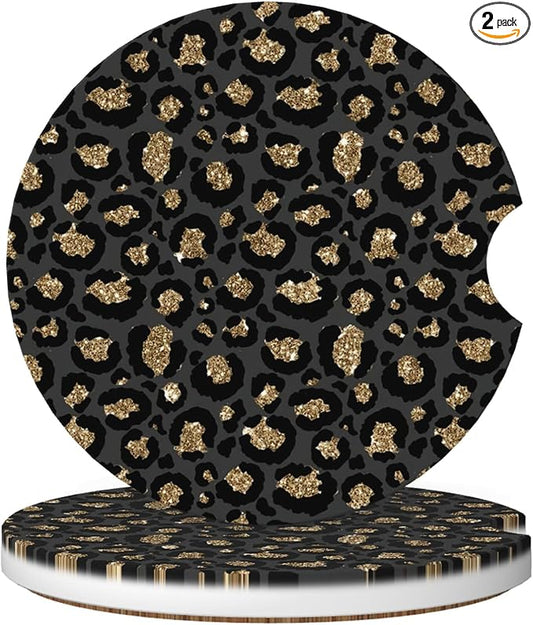 Absorbent Car Coasters for Cup Holders, 2 Pack Universal Anti Slip Ceramic Cup Coaster for Women Men 2.56 Inch Car Interior Accessories - Black Gold Leopard 003