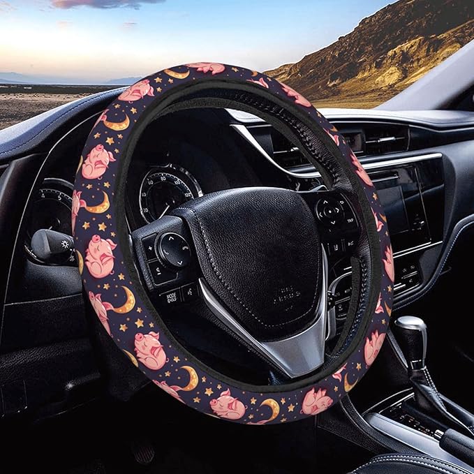 Sleeping Cut Pig Moon Steering Wheel Covers Anti-Slip Elasticity Car Accessories Steering Wheel Protector Universal 15 Inch for Cars SUV Vehicle Truck