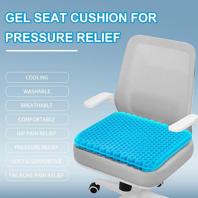 Gel Seat Cushion for Long Sitting - 16.5" x 14.5" x 2.4" (Extra Thick＆Soft) Gel Cushion for People Over 185 lbs, Pressure Relief Cushion for Office Chair, Egg Cushions for Wheelchair, Gel Pad for Car